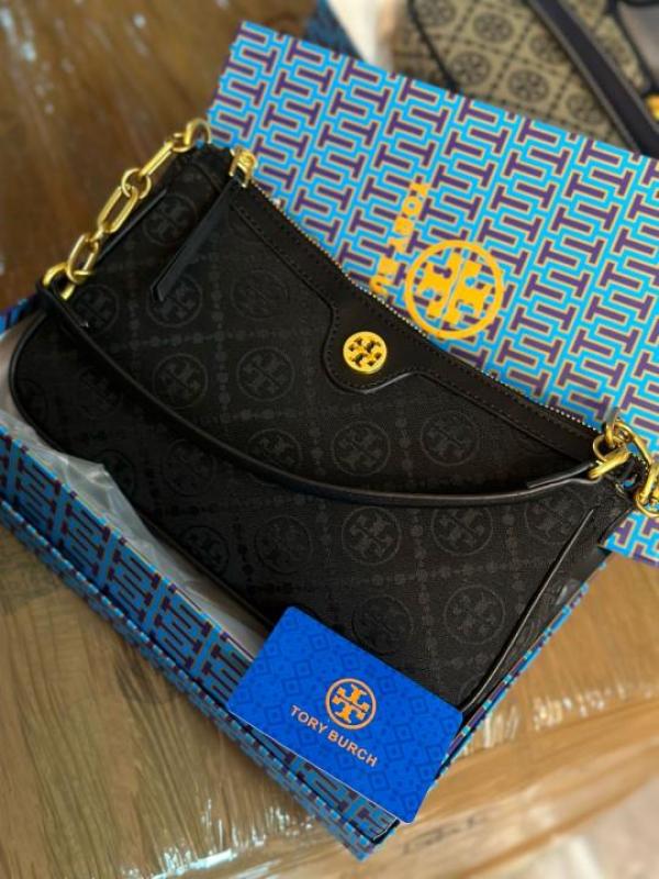 TORY BURCH T MONOGRAM JACQUARD SHOULDER BAG ADJUSTABLE STRAP WITH BOX