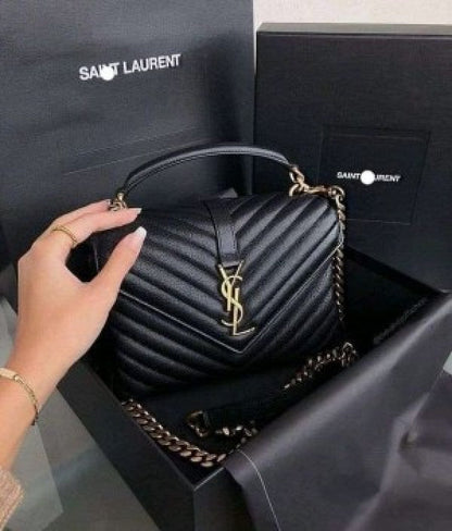 YSL SAINT LAURENT Grain De Poudre Matelasse Chevron Medium Monogram Satchel Black with box