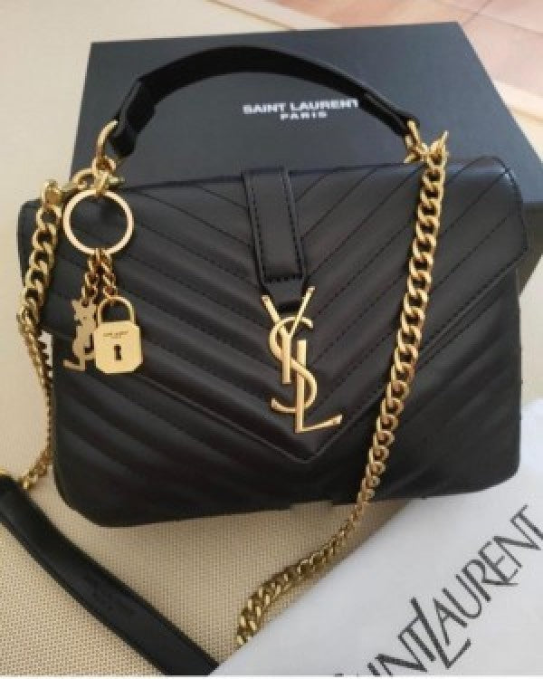 YSL SAINT LAURENT Grain De Poudre Matelasse Chevron Medium Monogram Satchel Black with box
