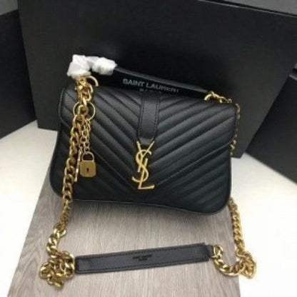 YSL SAINT LAURENT Grain De Poudre Matelasse Chevron Medium Monogram Satchel Black with box
