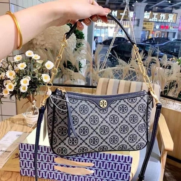 TORY BURCH T MONOGRAM JACQUARD SHOULDER BAG ADJUSTABLE STRAP WITH BOX