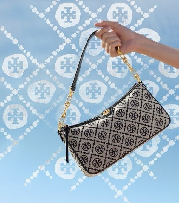 TORY BURCH T MONOGRAM JACQUARD SHOULDER BAG ADJUSTABLE STRAP WITH BOX
