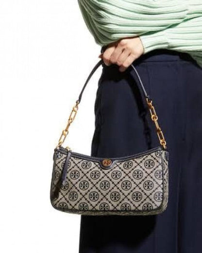TORY BURCH T MONOGRAM JACQUARD SHOULDER BAG ADJUSTABLE STRAP WITH BOX