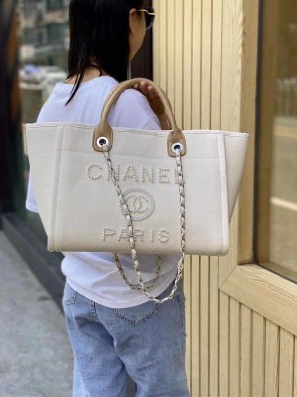 Chanel deauville pearl canvas tote bag black