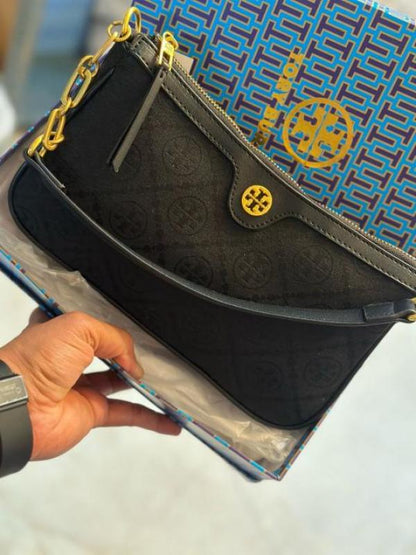 TORY BURCH T MONOGRAM JACQUARD SHOULDER BAG ADJUSTABLE STRAP WITH BOX