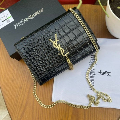 YSL SAINT LAURENT Grain De Poudre Matelasse Chevron Medium Monogram Satchel Black with box