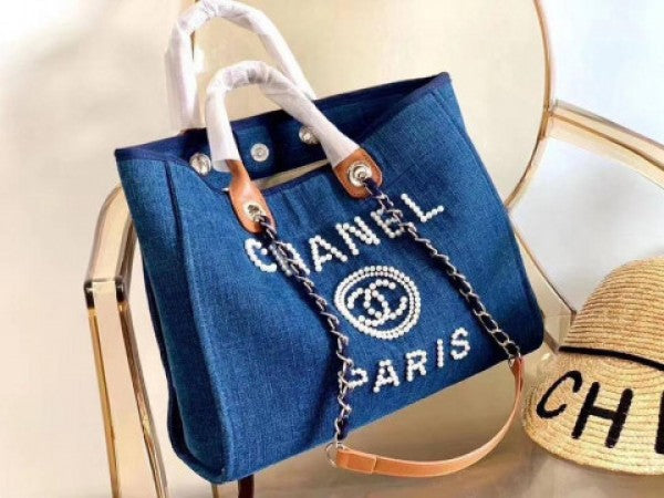 Chanel deauville pearl canvas tote bag black