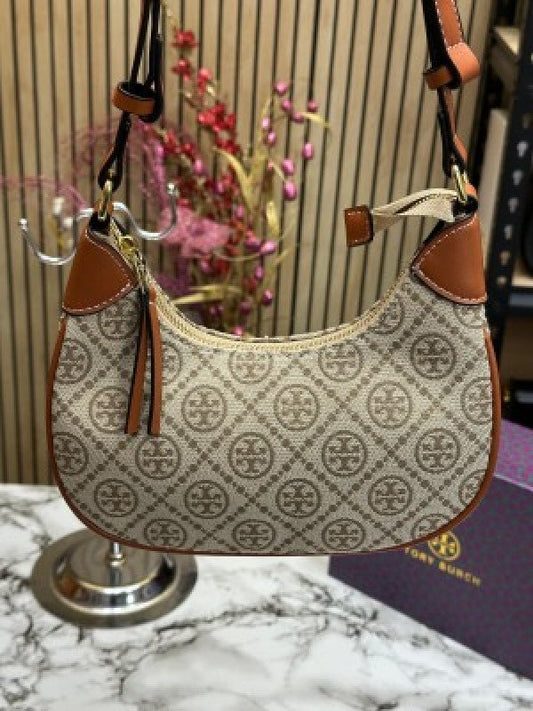 Tory burcht monogram petite moon bag with og box & dust bag brown