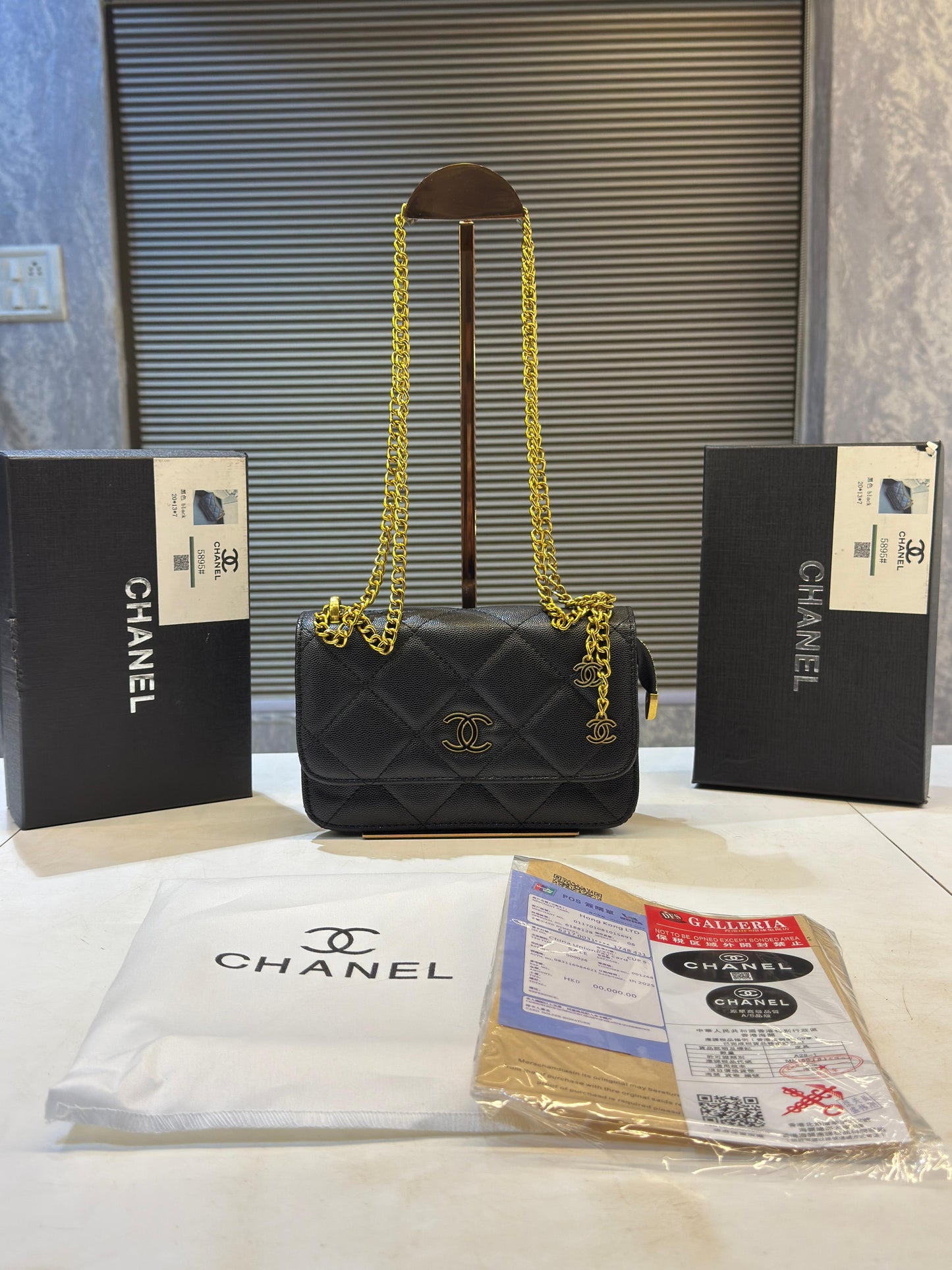 Chanel Woven Metal Lambskin Quilted Small Flap Black Gold with box