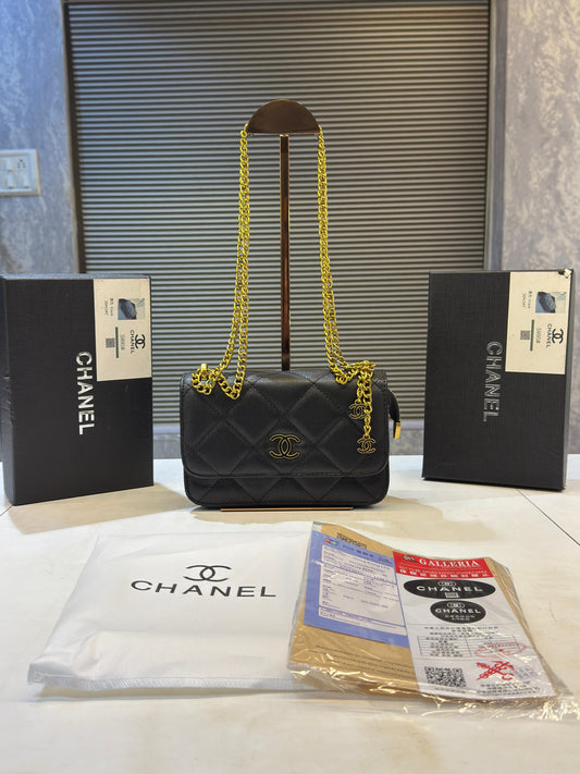 Chanel Woven Metal Lambskin Quilted Small Flap Black Gold with box